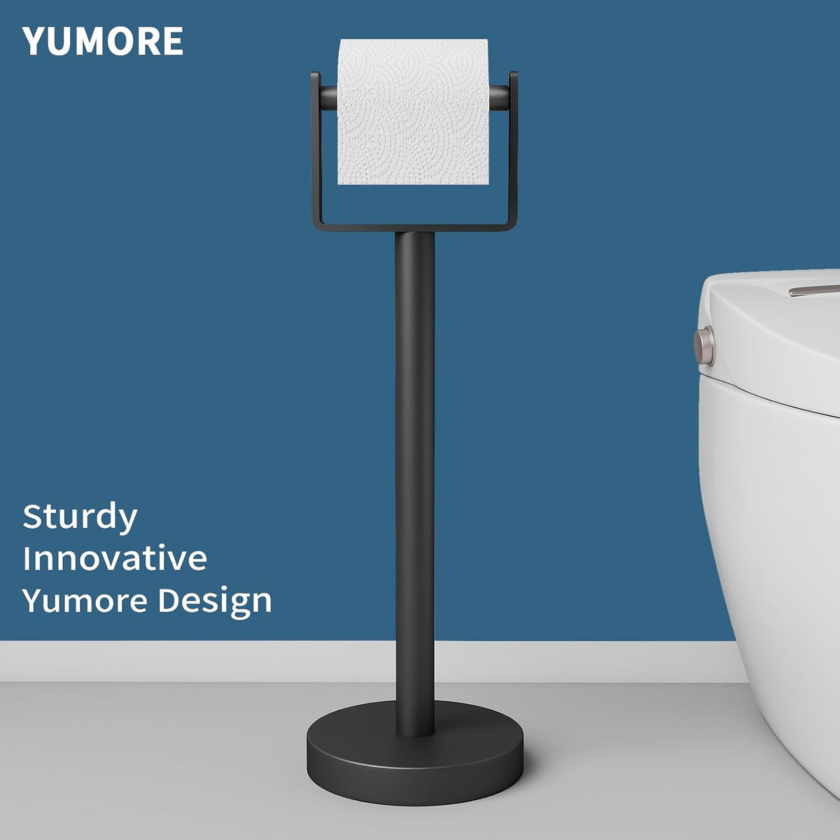 Black spring-bar holder beside toilet in blue-wall bathroom; original branded scene image