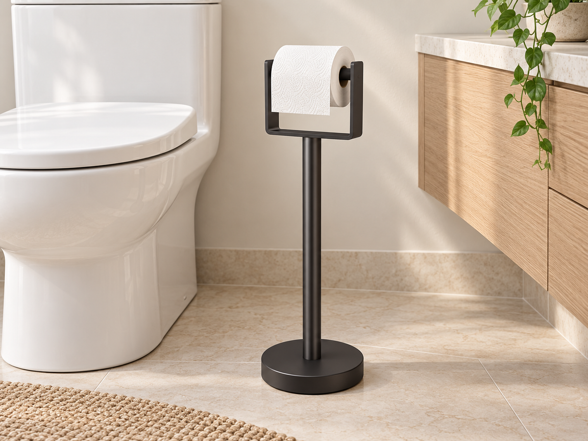Black YUMORE toilet paper stand in a warm neutral bathroom