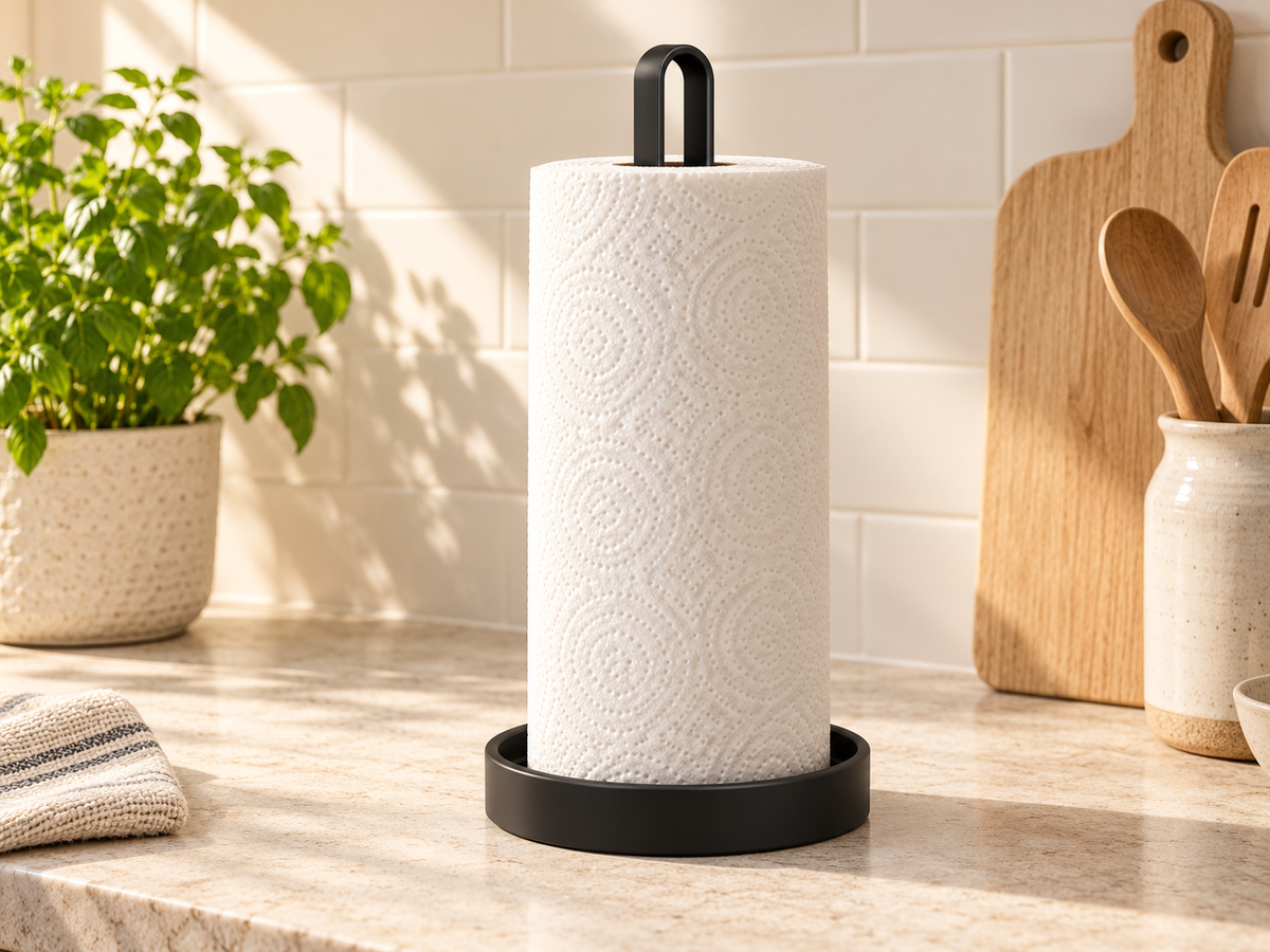 Black YUMORE paper towel holder in a naturally lit kitchen