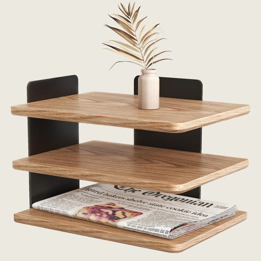 Three-Tier Wood File Organizer Open Storage Shelves