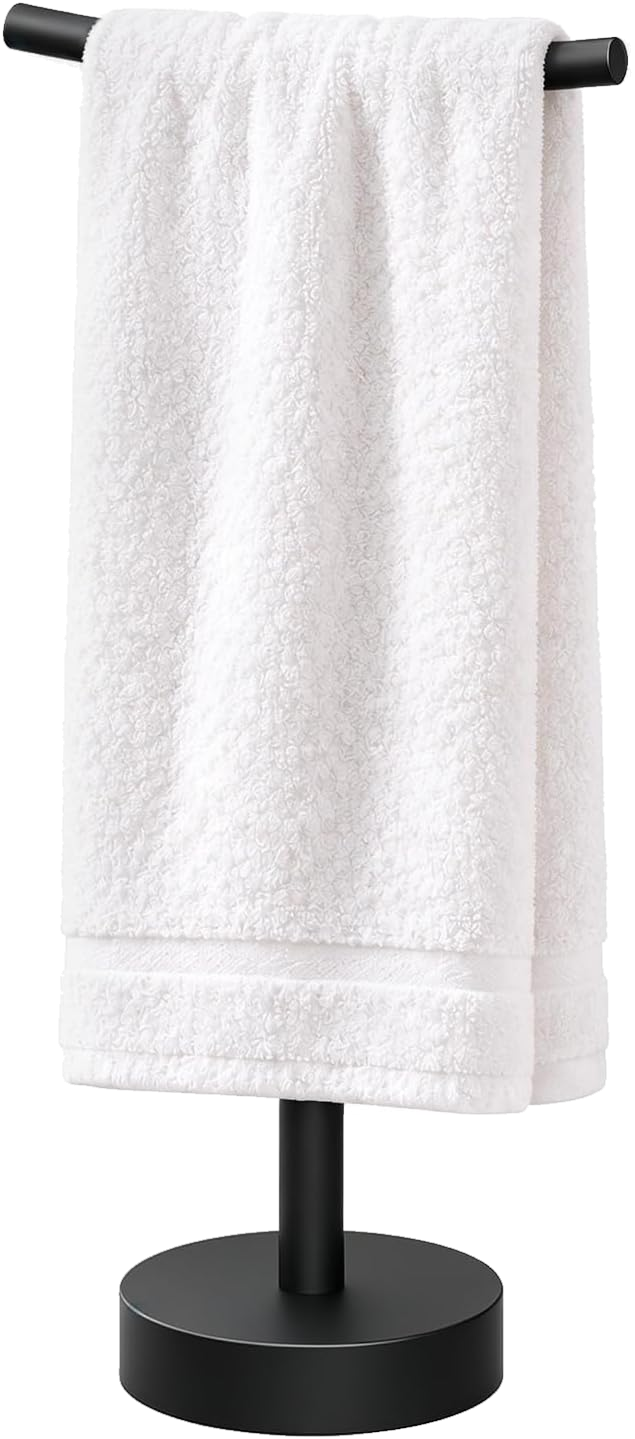 Color: Black | Towel Rack with white towel, transparent main image