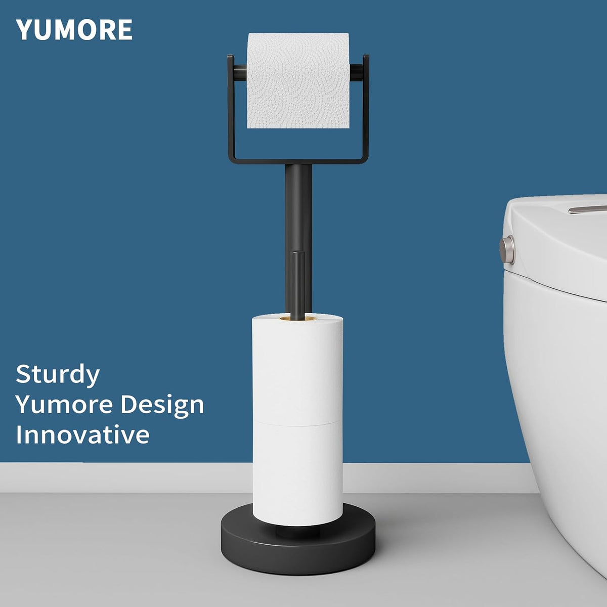 Original black spring-bar storage stand beside toilet, with spare rolls on reserve post; verified original Amazon scene