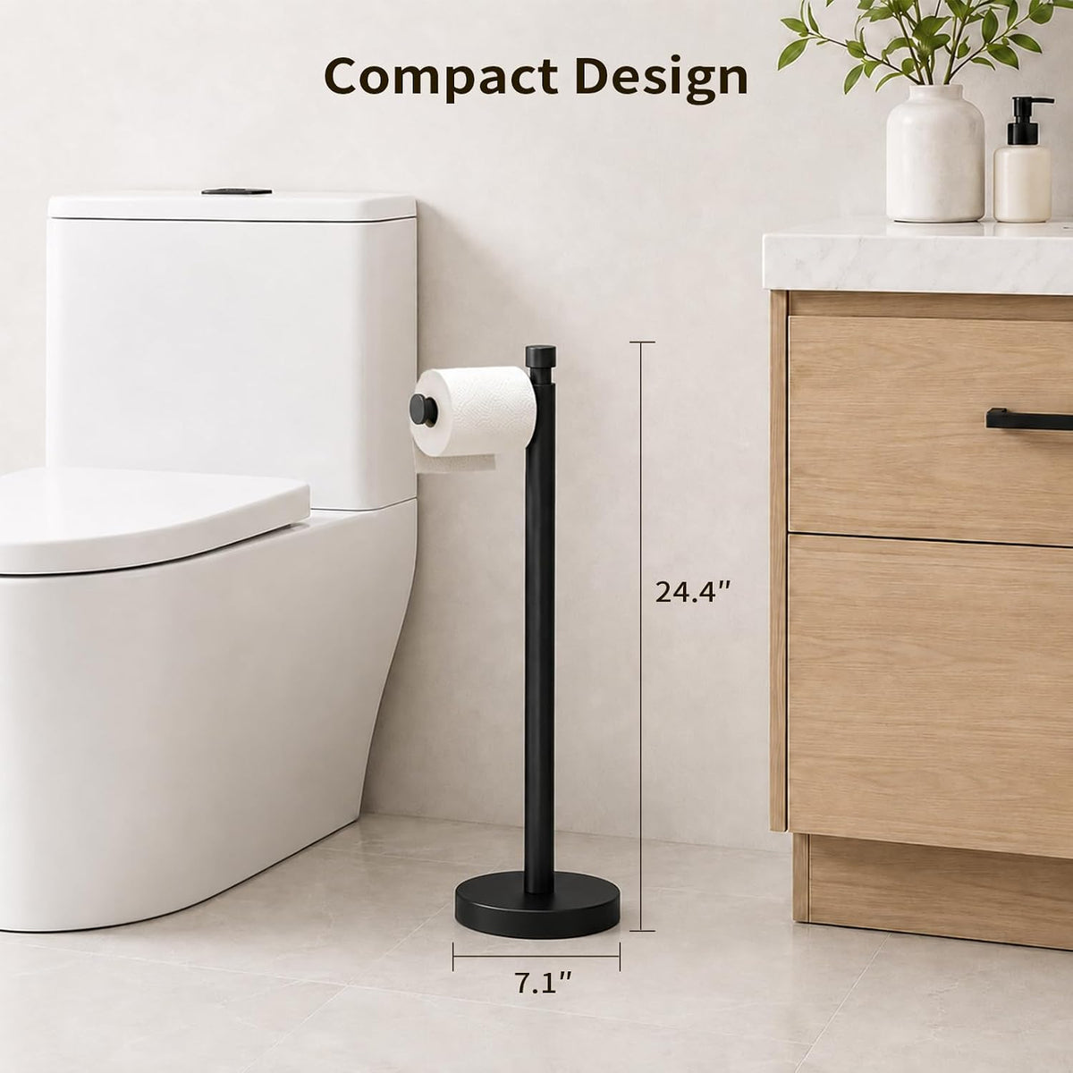 Color: Black | Compact Design, bathroom scene with 24.4 inch height and 7.1 inch base