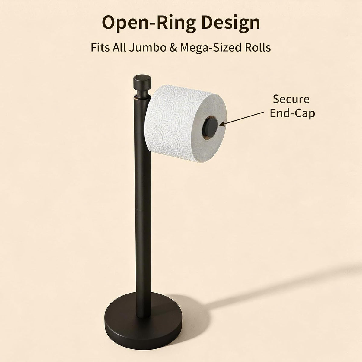 Color: Black | Open-Ring Design, fits all jumbo and mega-sized rolls, secure end-cap