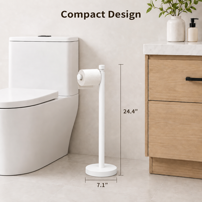 Color: White | Compact Design, bathroom scene with 24.4 inch height and 7.1 inch base