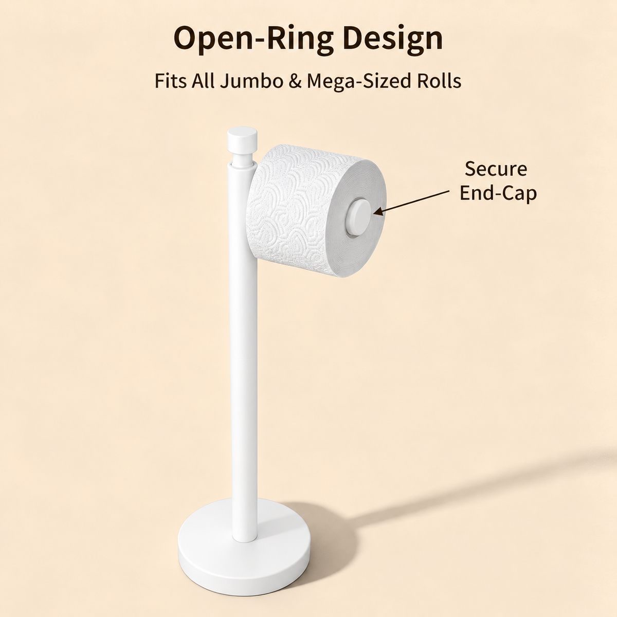 Color: White | Open-Ring Design, fits all jumbo and mega-sized rolls, secure end-cap
