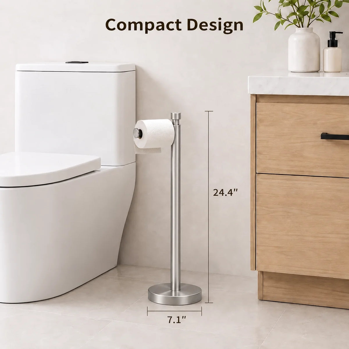 Color: Silver | Compact Design, bathroom scene with 24.4 inch height and 7.1 inch base