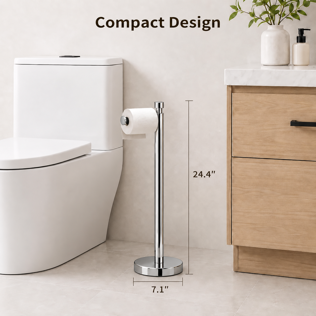 Color: Chrome | Compact Design, bathroom scene with 24.4 inch height and 7.1 inch base