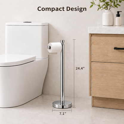 Color: Chrome | Compact Design, bathroom scene with 24.4 inch height and 7.1 inch base