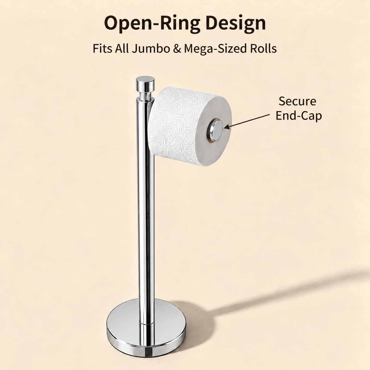 Color: Chrome | Open-Ring Design, fits all jumbo and mega-sized rolls, secure end-cap