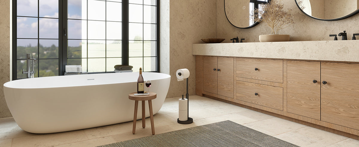 Original Amazon A+ black A110 lifestyle beside bathtub and vanity, no text overlay