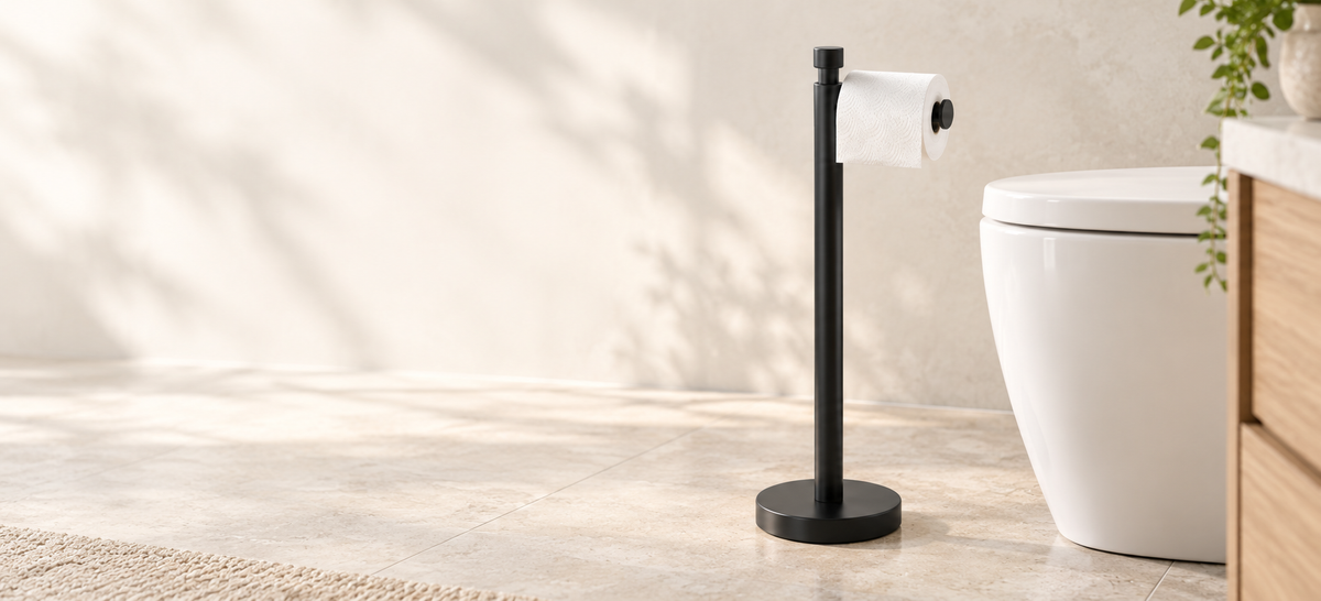 Black freestanding toilet paper holder in a light stone bathroom