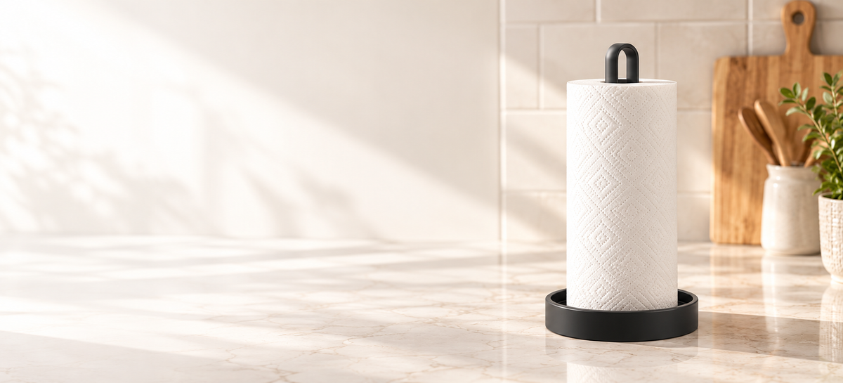 Black oval handle paper towel holder on a cream kitchen counter