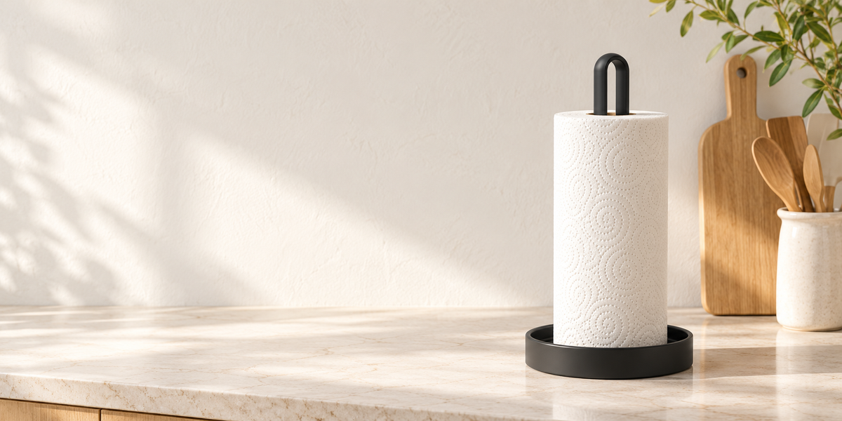 Black YUMORE paper towel holder on a warm kitchen countertop