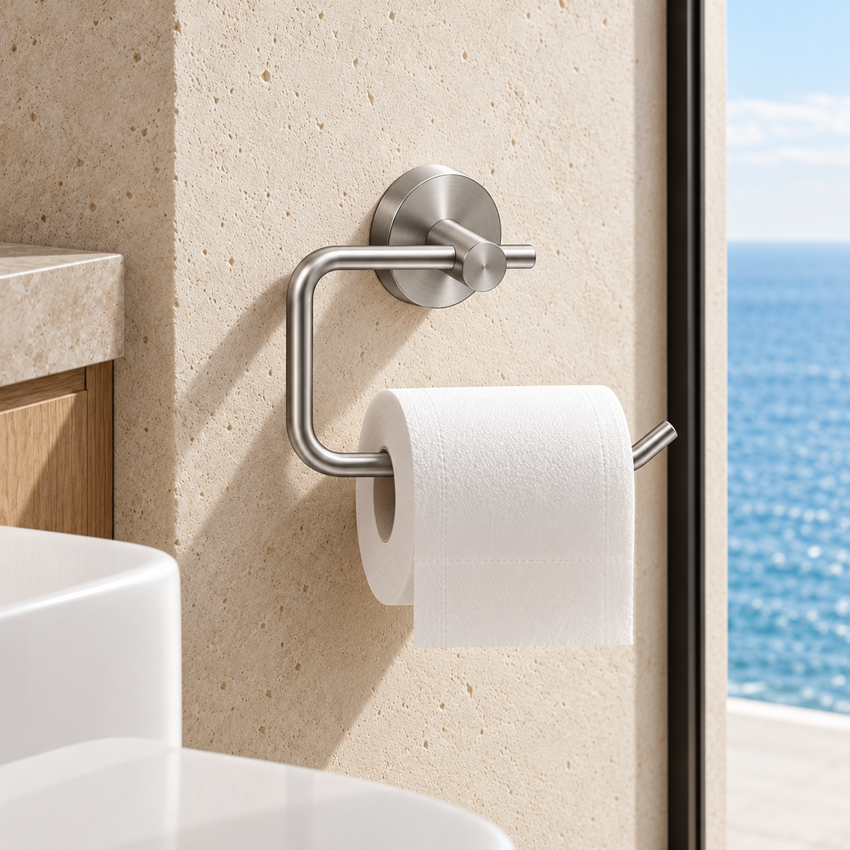 OCEAN brushed stainless steel wall-mounted toilet paper holder seen from a front-left angle in a coastal bathroom