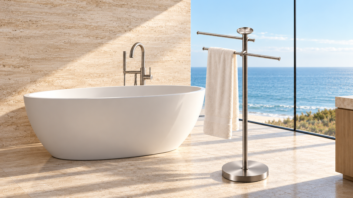OCEAN brushed stainless steel towel rack stand beside a bathtub overlooking the ocean