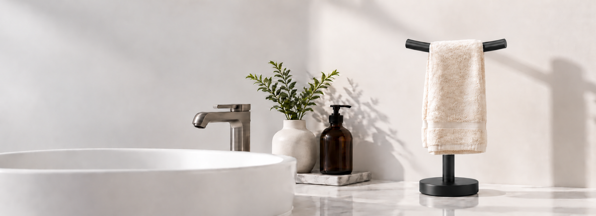 Cream towel centered on a shorter black towel bar in a bright bathroom